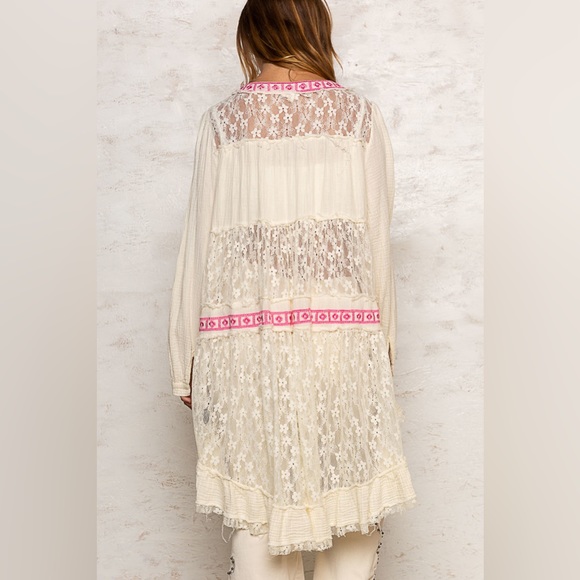 LAST ONE POL Cream Pink Lace Cardigan | Playful Ruffle Hem | Relaxed Fit - Picture 2 of 6